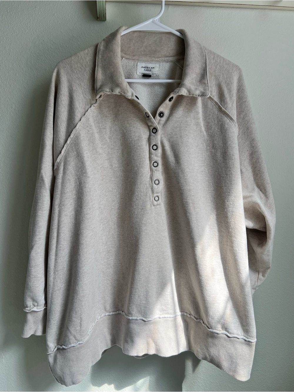 American Eagle Outfitters Beige Oversized Snap-Front Polo Sweatshirt